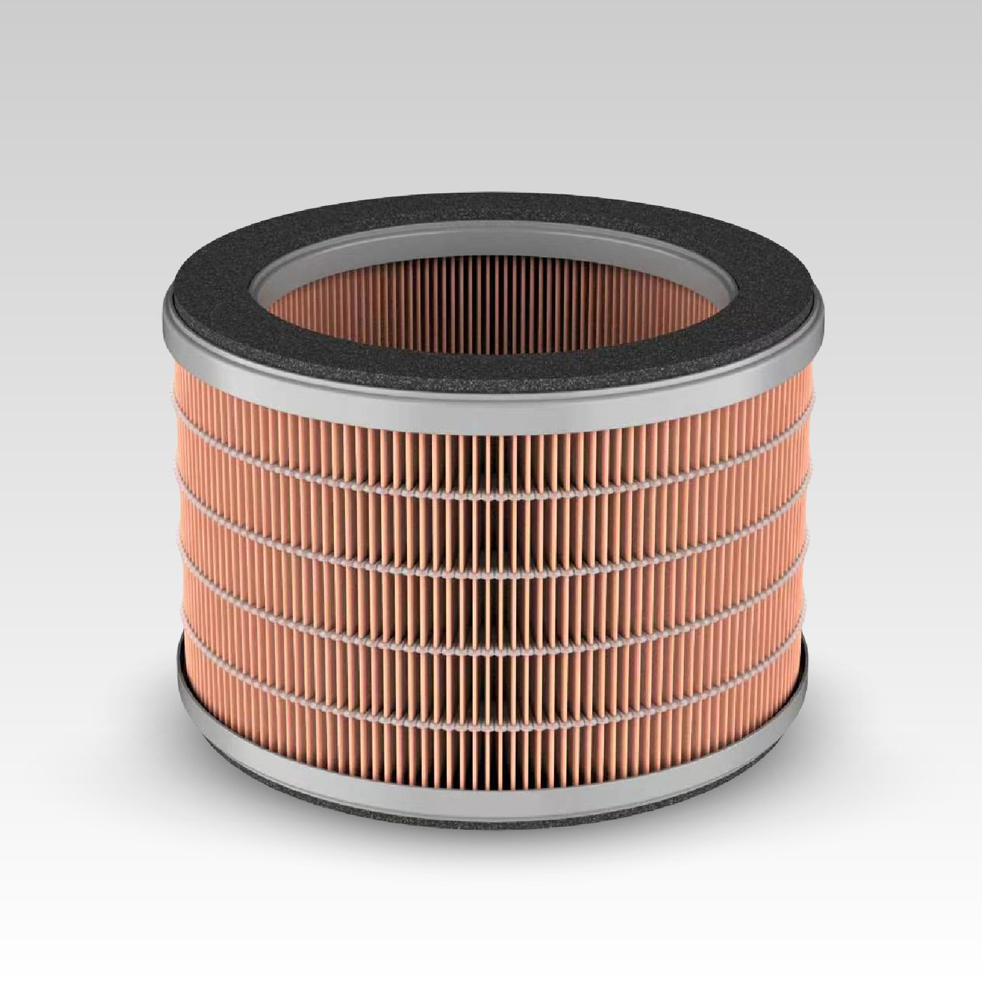 A pleated ring element made with PureFibe media, with a foam seal